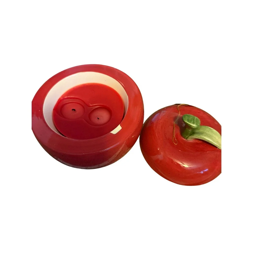 Ceramic Red Apple Jar with Lid Decorative Candle Pot Farmhouse Kitchen Decor